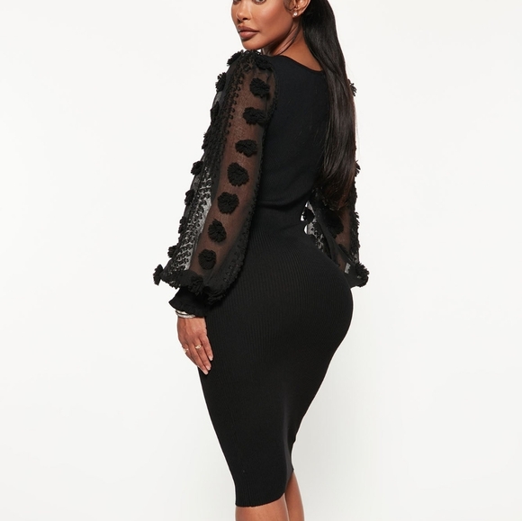 Puff Lace Sleeve Ribbed Sweater Dress plus size Fall / Winter Midi Dress - Picture 1 of 15